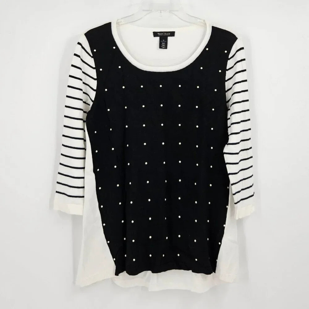 White House Black Market Black and White Pearl-Accent Sweater